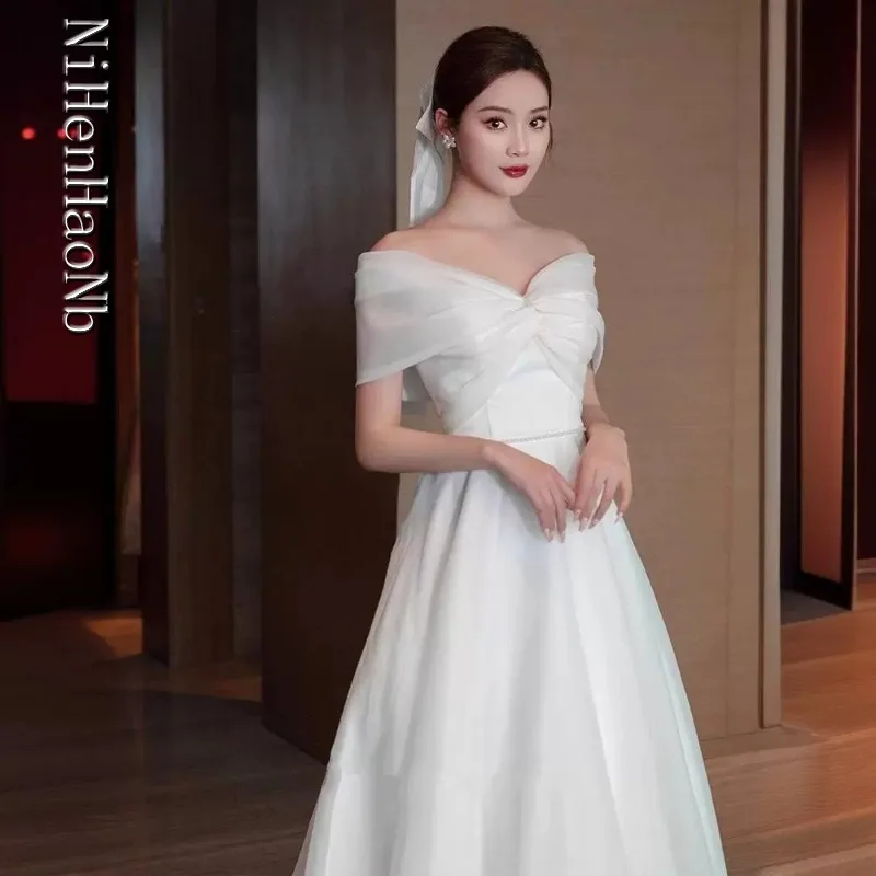 French Light Wedding Dress Bride Super Fairy White Temperament One-word Shoulder Dress Vestidos De Novia
