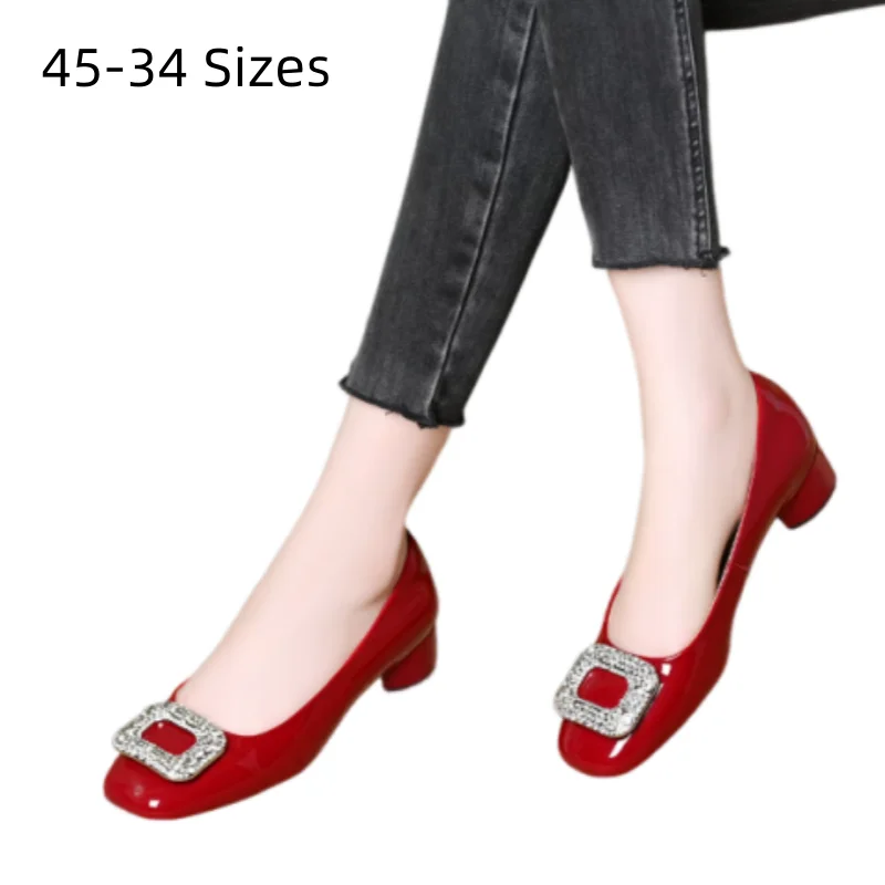Women Crystal Square Button Low Heels Pumps 3cm Shiny Hand-Made Leather Square Heeled Slip-On For OL Red Black Working Shoes 45