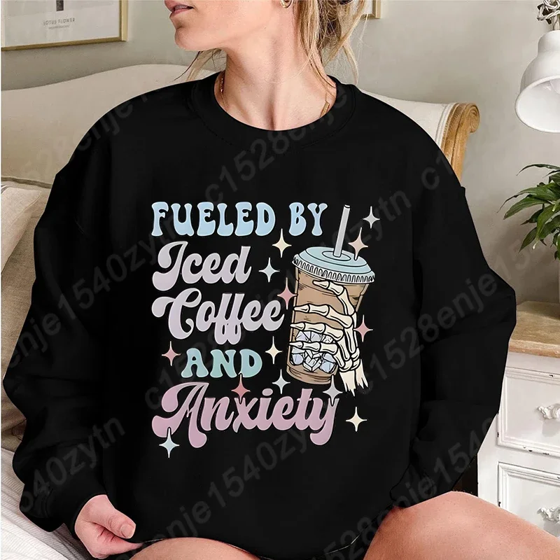 Coffee & Letter Print Crew Neck Overzied Sweatshirt, Casual Long Sleeve Top For Fall & Winter, Women's Oversized Sweatshirts