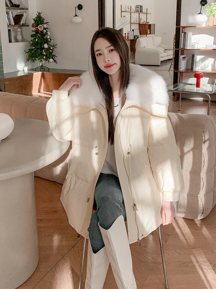 Winter Warm Coat Women\'s White Goose Down Down Jacket Fashion Fox Big Fur Collar Design Drawstring Waist Sweet Women\'s Coat