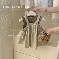 2024 Summer Girls 2-8 Years Casual 2pcs Cotton Suit T-shirt+ Suspender Dress Kids Clothing Set
