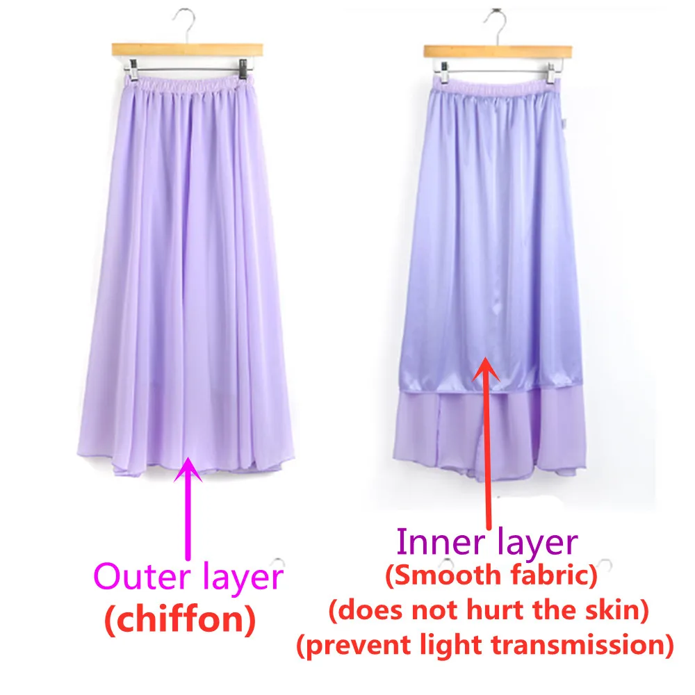 HongBiTu Women Sexy beautiful stretch High Waist Pure color  Chiffon Skirt Dance long skirt YF0045