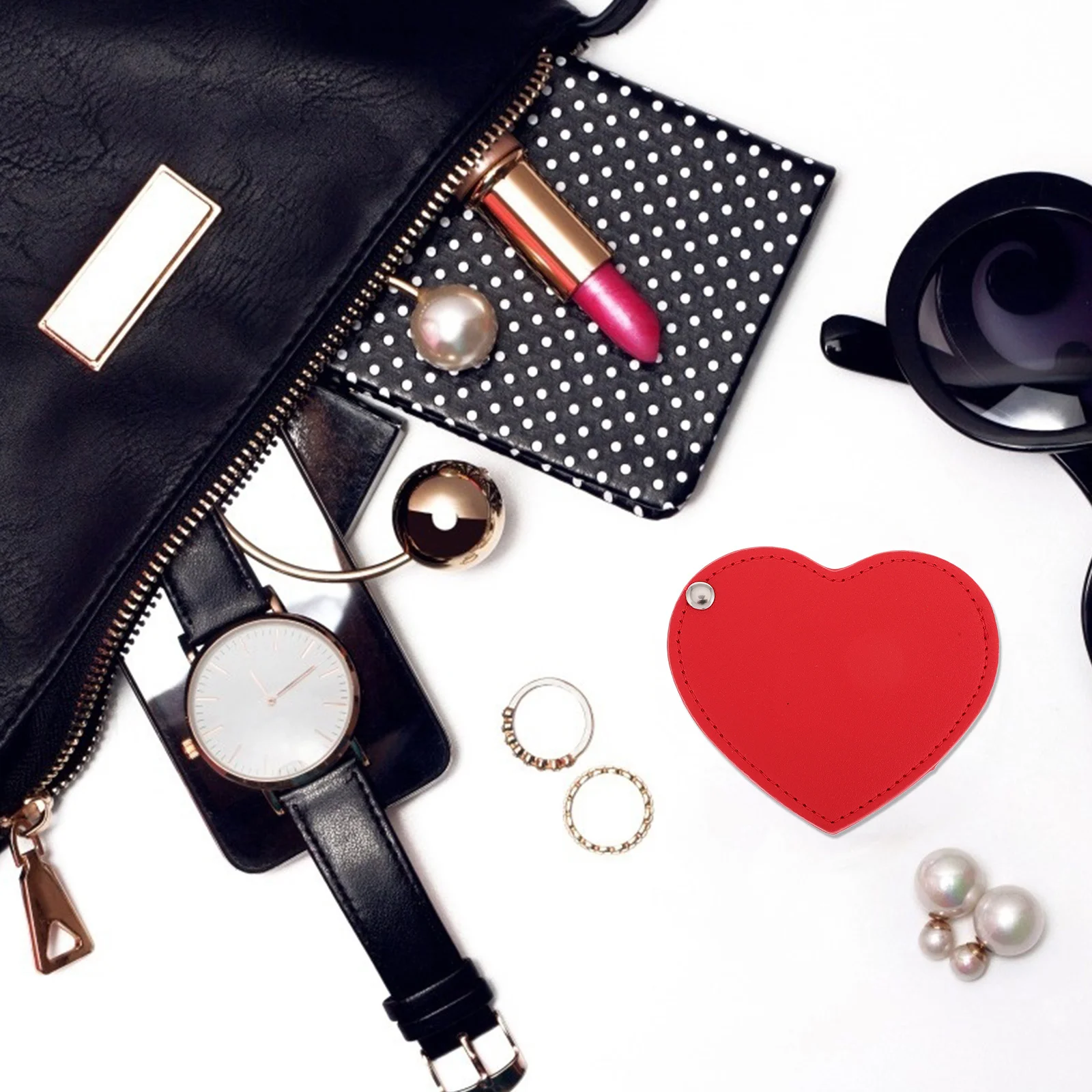 

Heart Shaped Mini Compact Pu Portable Mirror For Travel Daily Use Rotatable Small Makeup Mirror With