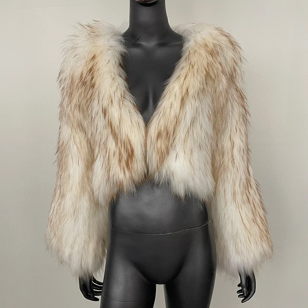 OFTBUY Natural Raccoon Fur Jacket Women Short European 2024 Autumn Winter New Thickened Warm V-neck Double-sided Woven Fur Coat