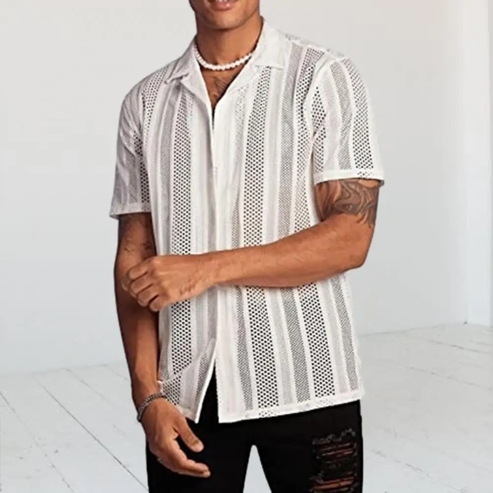 Men Summer Shirt Hollow Out Short Sleeves Lapel See-through Thin Single-breasted Cardigan Solid Color Breathable Sport Club Top