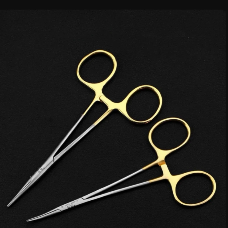 

Стоматологические щипцы для игл с золотой ручкой, 12 см, автоклавируемые, с прямым/изогнутым наконечником, кровоостанавливающие щипцы, стоматологический хирургический инструмент