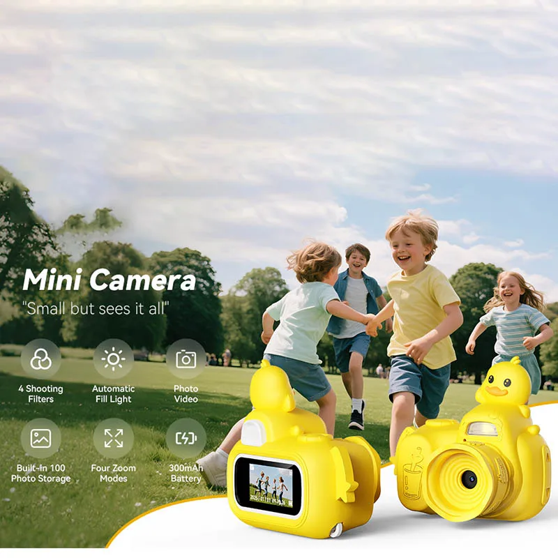 Crianças dos desenhos animados mini câmera de vídeo portátil bonito pequeno pato amarelo forma bolso hd câmera crianças presente aniversário