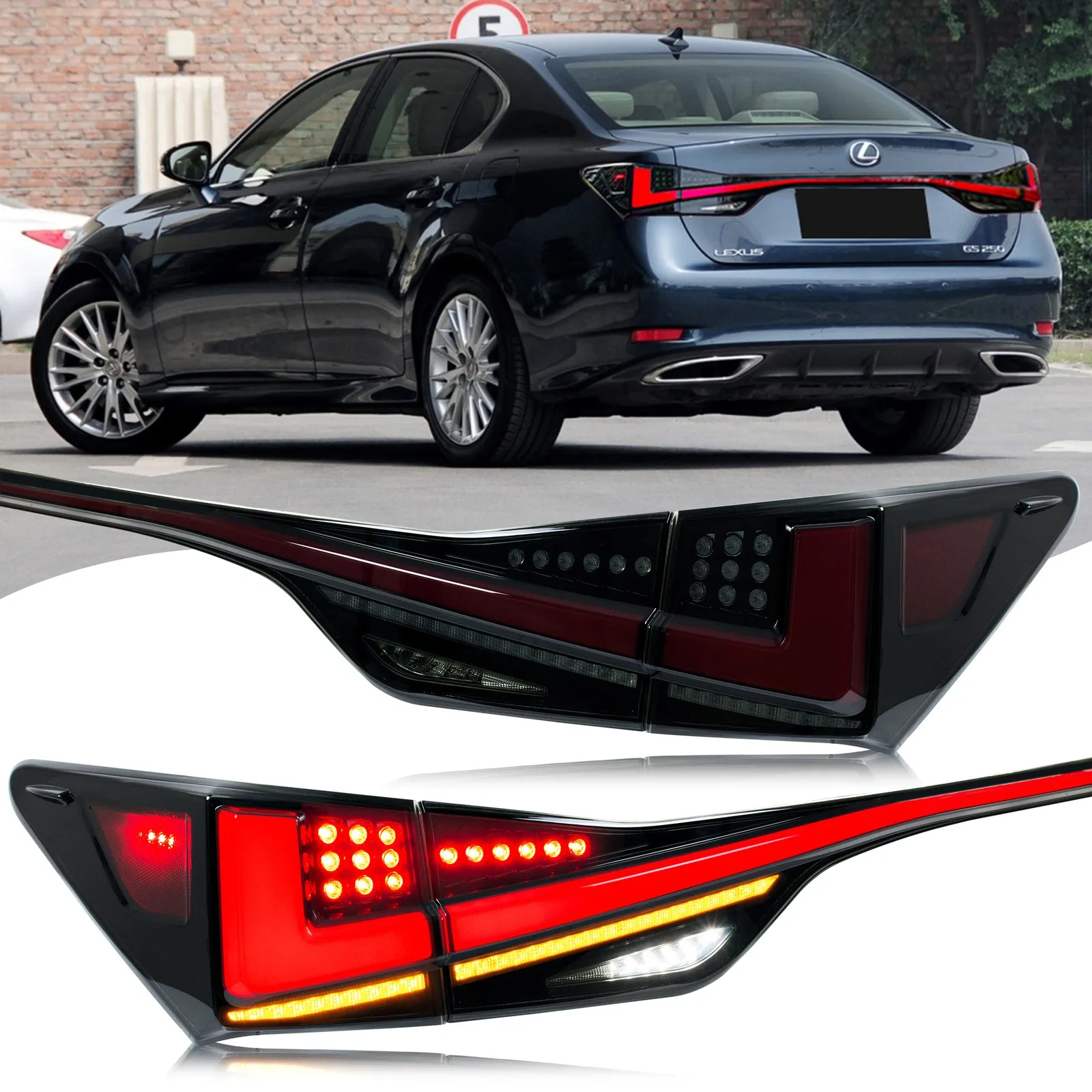 

LED Tail Lights for Lexus GS350 GS200t GSF 2013-2020 Sequential Turn Signal Black Lens Rear Lamps Assembly
