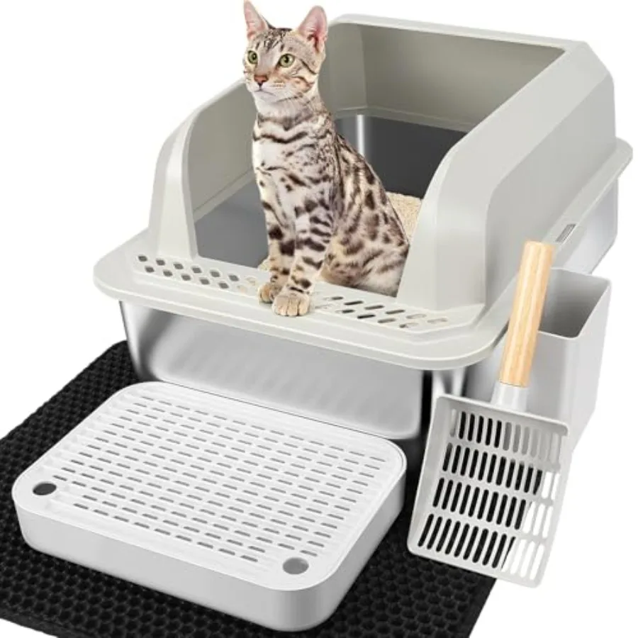 

XL Stainless Steel Litter Box Non Stick No Smell Easy to Clean High Side Prevent Pee Out Footstep Litter Mat and Litter Scoop I