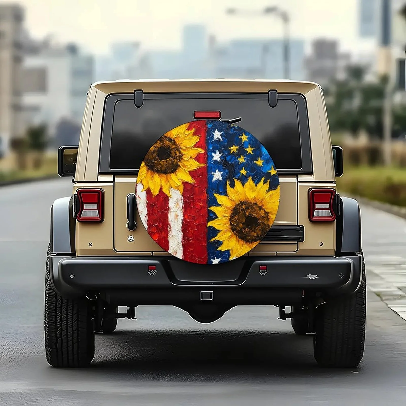 Patriotic Sunflower Wheel Cover American Flag Stars Spare Tire Cover Durable UV Protection