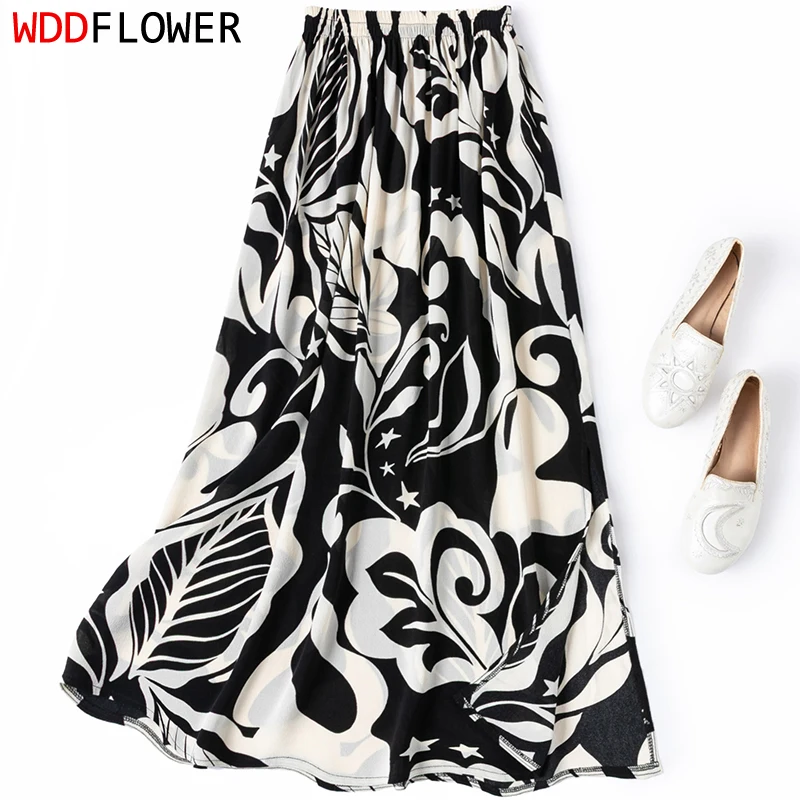 

Women Silk Skirt 100% Mulberry Silk Black White Art Printeed A-line Side-slit Long Skirt Summer Beach M1663