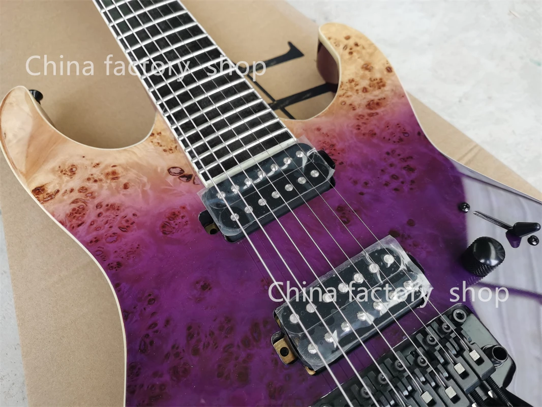 Factory Purple Burst 7 Strings Electric Guitar Neck Through Body Ebony Fretboard Burl Maple Veneer Customizable