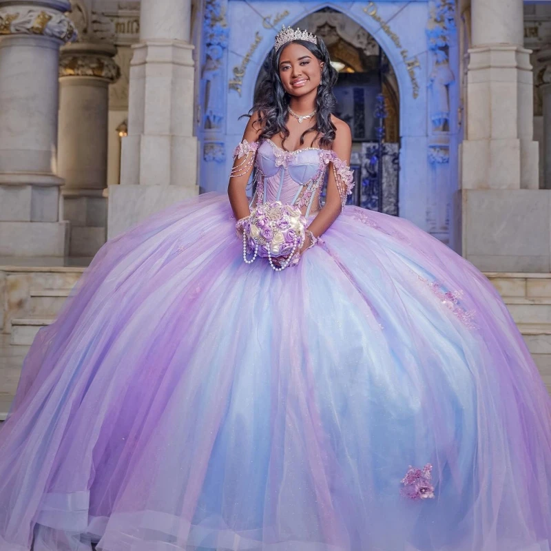 

Сиреневые платья Quinceanera с открытыми плечами и аппликацией из цветочных бусин, тюлевое небесно-голубое бальное платье с подкладкой для вечеринки, дня рождения, Vestidos De 15.