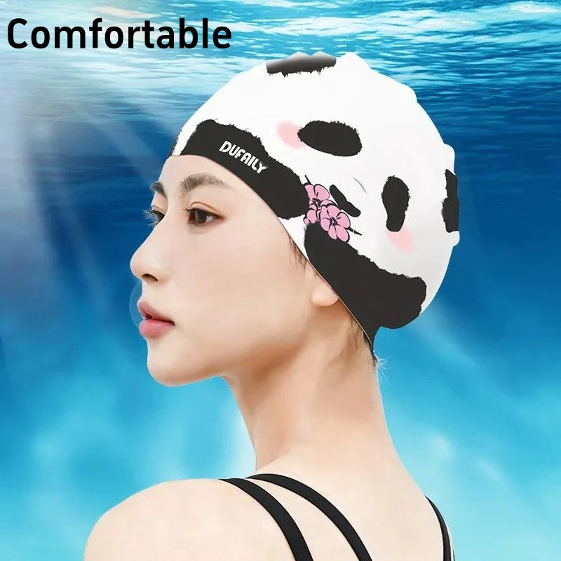 

Swimming Cap Women Silicone Adult Training Universal Solid Cute Large Comfortable No Strangulation Waterproof Print Panda