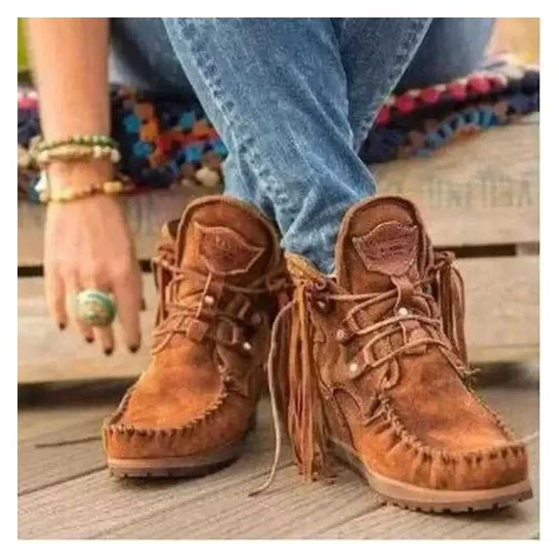 

Boots Women 2025 Plus Size Tassel Short Autumn and Winter New Flat Boots Retro Fashion Thick Sole Ankle Keep Women Boots Goth