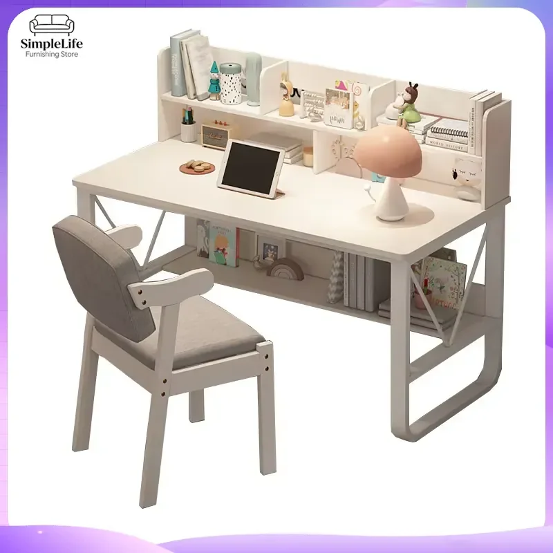 Modern Minimalist Desk with Bookshelf Integrated Computer Desk for Office Home Study Writing Table for Students Girls Bedroom