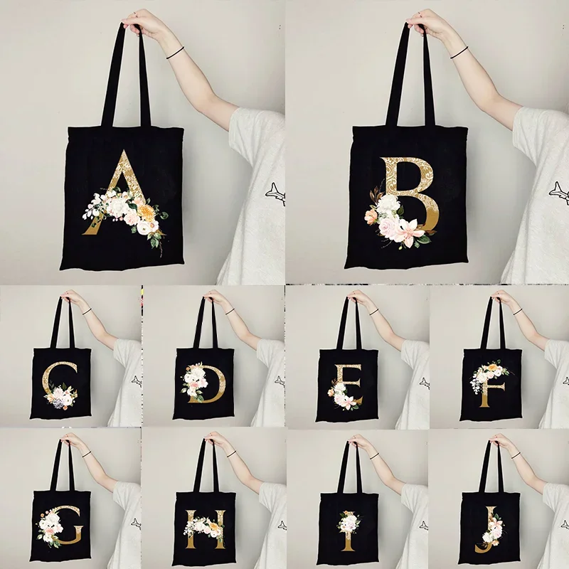 Gold Letter Flower Canvas Bag Women\'s Shopping Bag Reusable Large Capacity Portable Handbag Harajuku Style Student Shoulder Bag