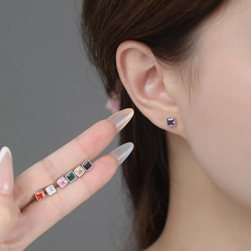 S999 Pure Silver Colorful Square Zircon Screw Studs Earrings Minimalist Geometric Elegant Fashion Daily Ear Jewelry for Women