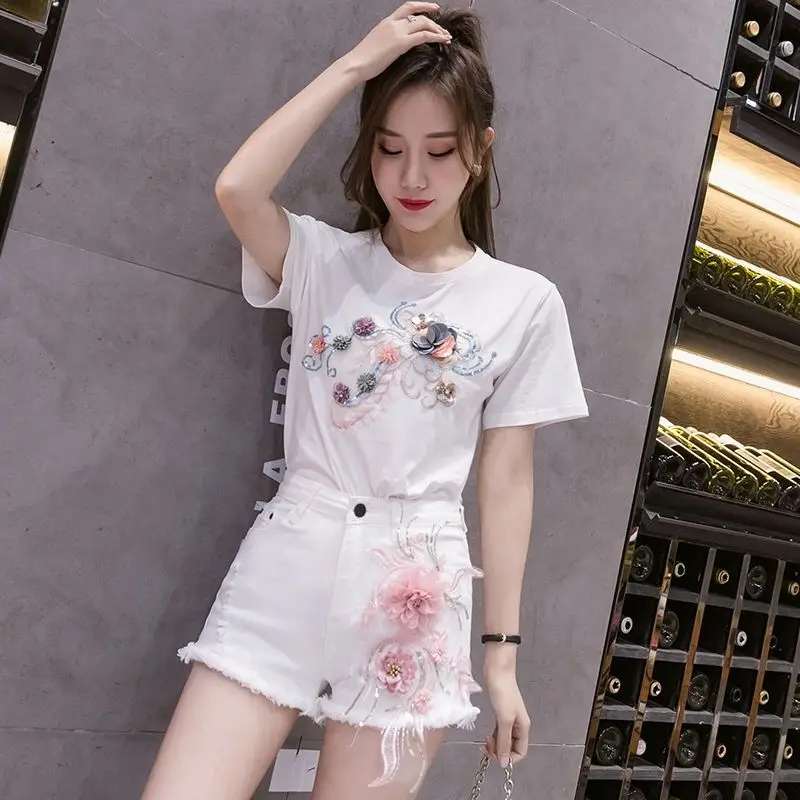 Women's Summer Korean Style Student Denim Shorts Loose Fit Slimming Distressed Embroidered High Waist Elastic Wide Leg