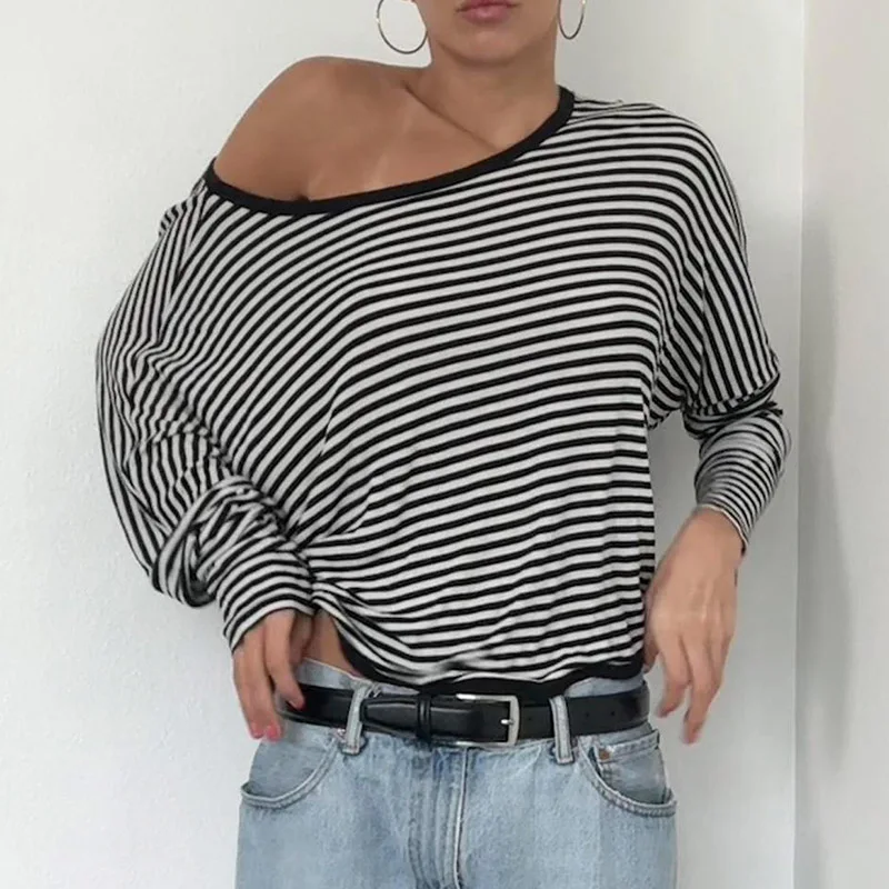 CIBBAR Fashion Backless T-shirt y2k Streetwear Full Sleeve Off-shoulder Crop Top Harajuku Striped Loose Autumn Tee Office Ladies