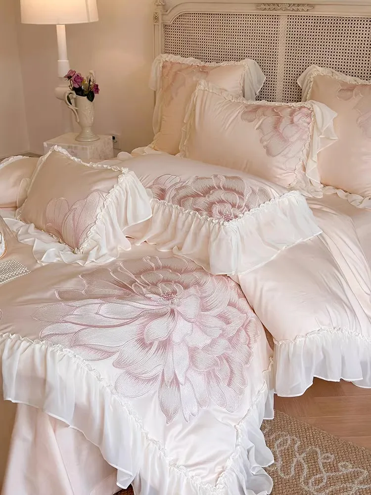 

Princess Long Stable Cotton Duvet Cover Set Four Piece Set French Flower Embroidery Quilt Cover Lace Bedding Set Bedsheets