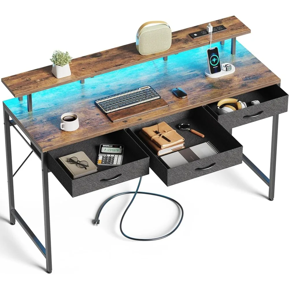 

Huuger 55 inch Computer Desk with 3 Drawers, Office Desk Gaming Desk with LED Lights & Power Outlets, Home Office Desks