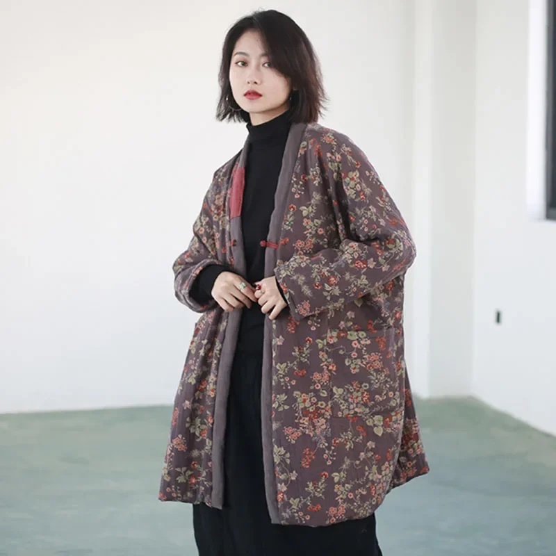 

Сельская ретро хлопковая конопляная куртка Hanfu с маленьким цветочным принтом, свободная женская куртка на хлопковой подкладке средней длины с карманом, зимняя