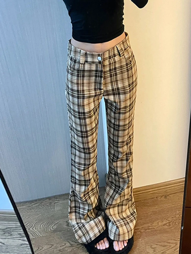 Women Korean Fashion Plaid Flare Long Trousers Bell Bottom Grunge Slim Pants Gyaru Y2k Japanese Streetwear 2000s Aesthetic Retro