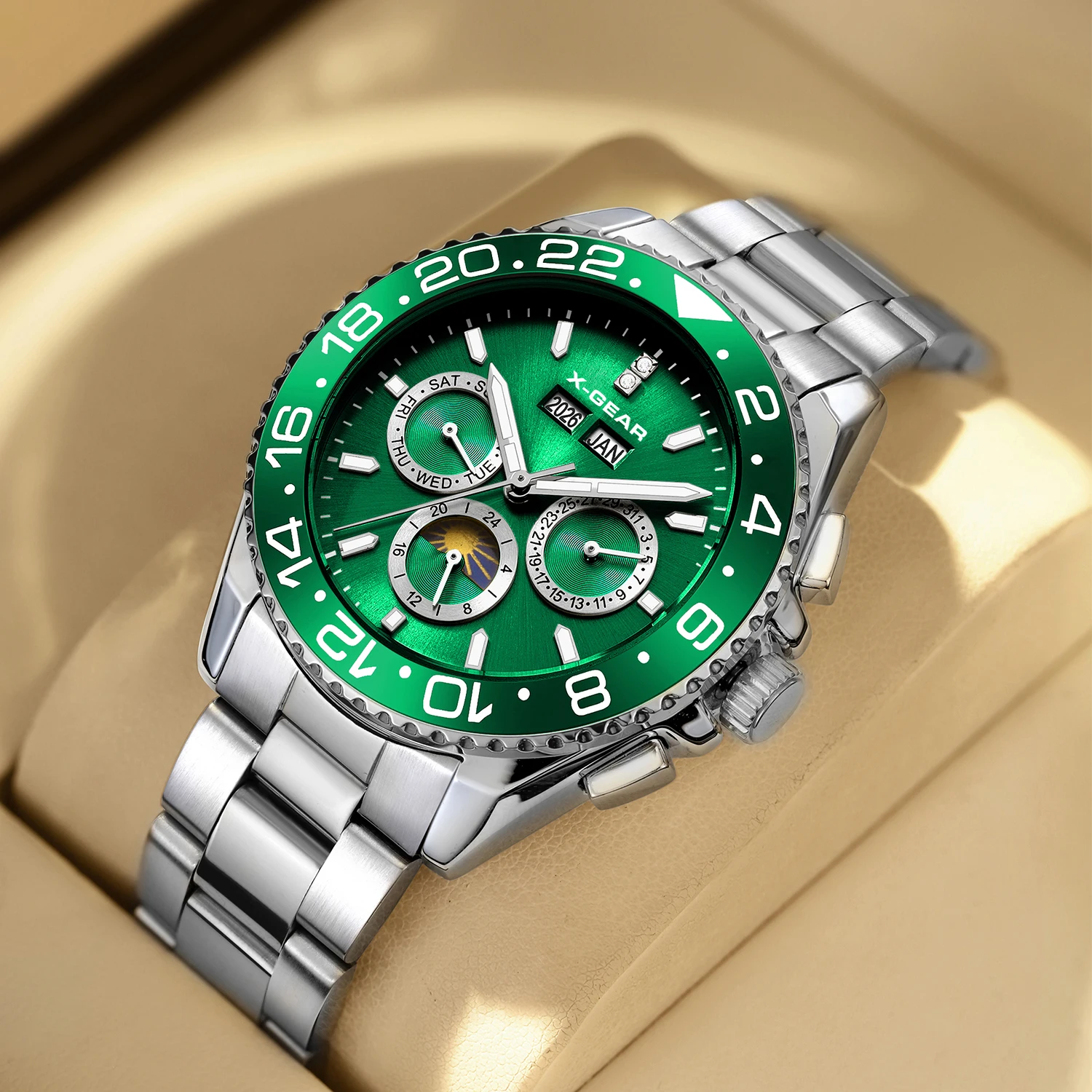 

X-GEAR Многофункциональные мужские часы для техники Роскошные водные ночные свечения в деловом стиле из нержавеющей стали Модные наручные часы для отдыха