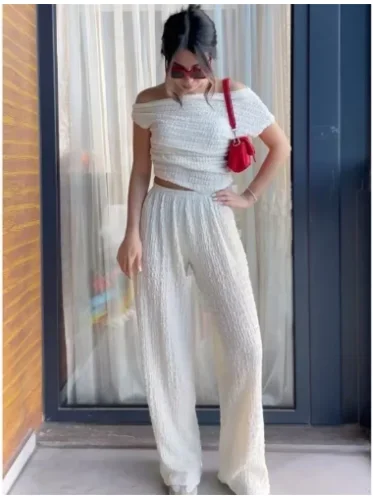 

Elegant Knitted Shirts Suit Women Solid Skew Collar Top Elastic Waist Wide Leg Pants Lady Set 2024 Summer Fashion Female Suits