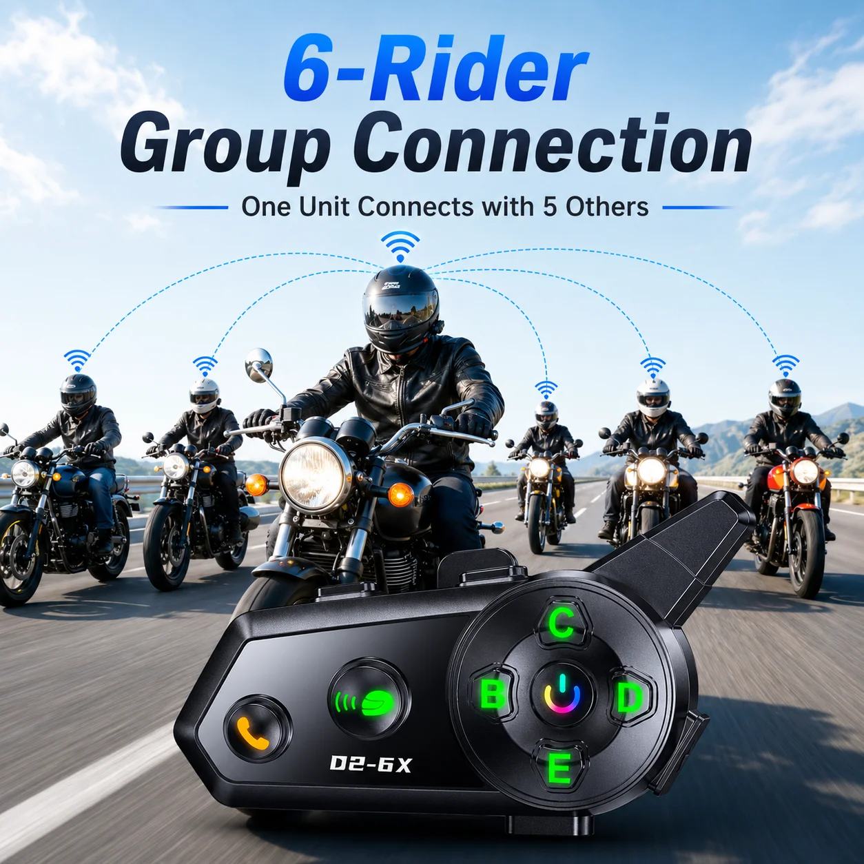 HIPPCRON D2-6X Soft Mic Motorcycle Helmet Headset Blueootht5.3 Intercom 500M 6 Riders Group Talk IP56 Audio Mixing 1000mAh