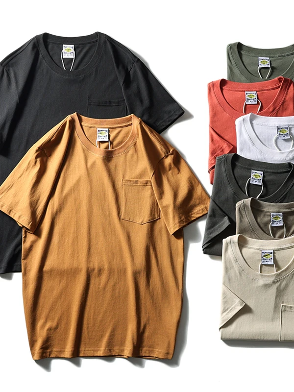 

Summer New American Retro Heavyweight Short-sleeved O-neck Solid-color Pocket T-shirt Men's Fashion 100%Cotton Washed Casual Top