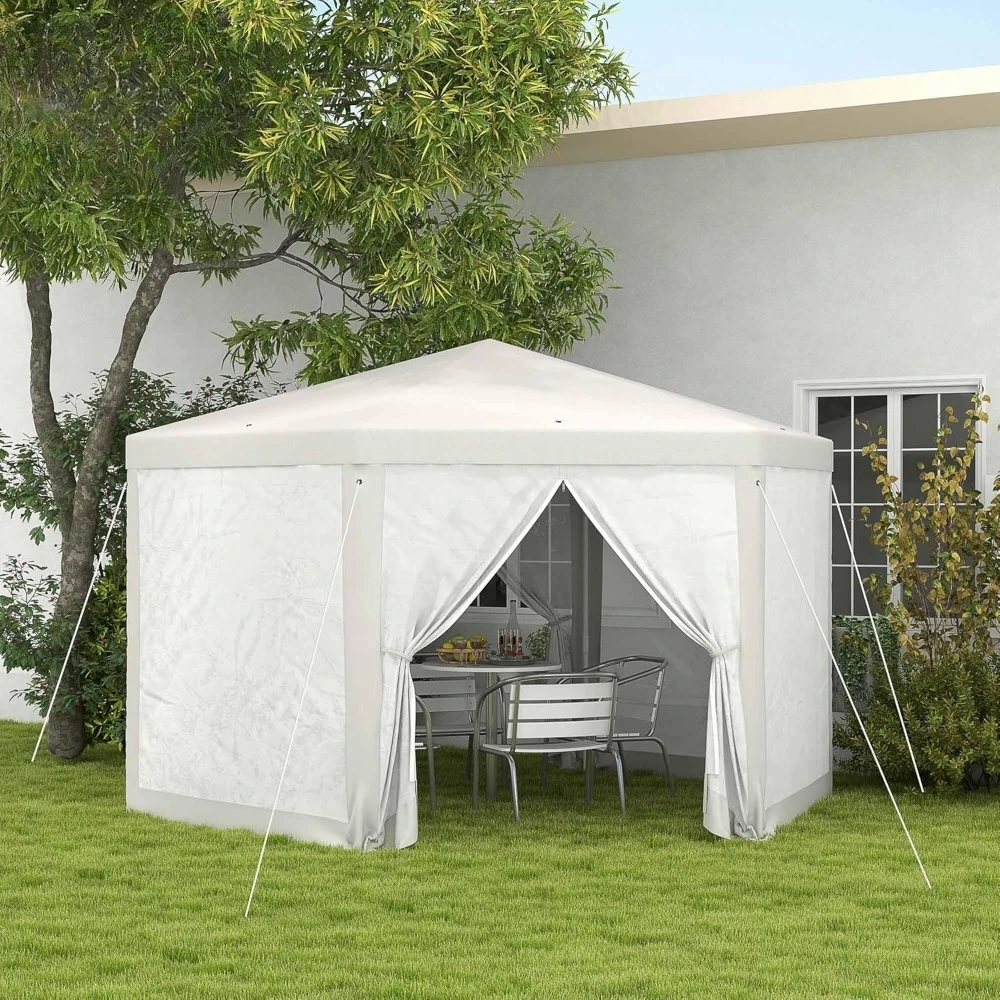 

13' x 11' Outdoor Party Tent, Hexagon Sun Shade Shelter Canopy with Protective Mesh Screen Sidewalls, Ropes & Stakes