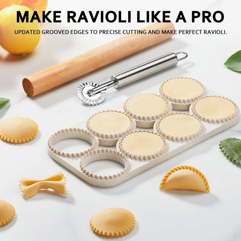 Ravioli Maker Press, Ravioli Press Mold Set – Runder Ravioli Stamp Maker Cutter mit Holz-Nudelholz, 2,6 Empanada Maker Press