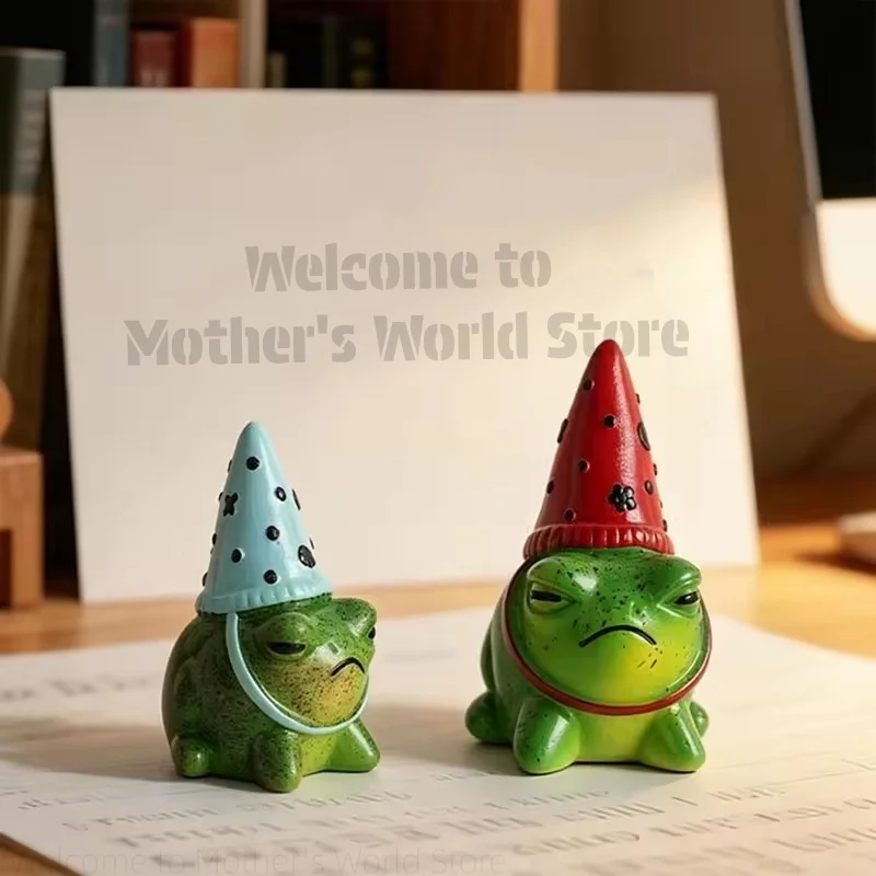 New Cute Grumpy Frog Resin Figurine with Polka Dot Party Hat for Home Desk Decor Funny Animal Ornament Gift Idea for Friends