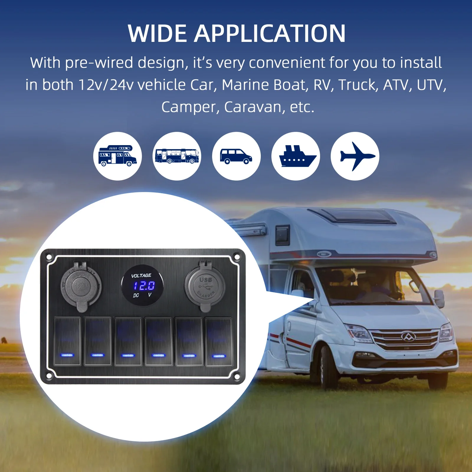 High Quality Metal 4/6/8 gang Digital Display with USB Port 12V  Waterproof for Car Marine Boat LED Rocker Switch Panel