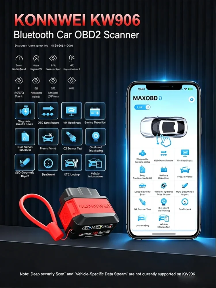KONNWEI KW906 Bluetooth 5.2 ELM 327 V1.5 OBD2-Scanner, Diagnosegerät für Fahrzeuge, Motorsystem-Scanner für Android/iOS, Fehlercode-Lesegerät, Pic18F25K80, kostenloser Versand.