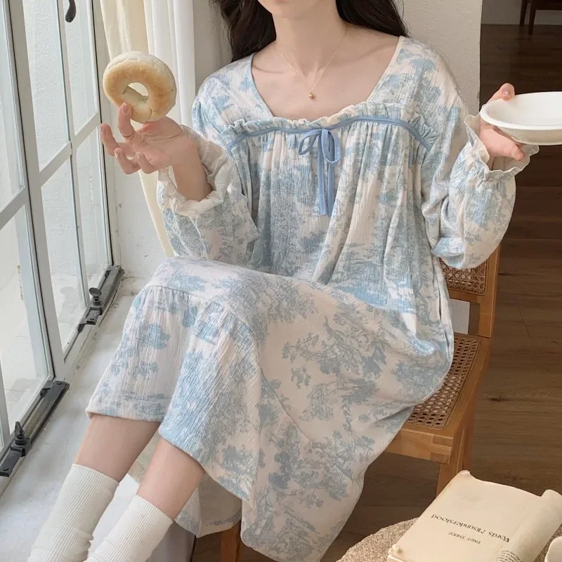 Women Nightdress Spring Cotton with Chest Pads Sweet  Flower Print Princess Style Long Sleeve Relaxation Nightgown Home Clothes