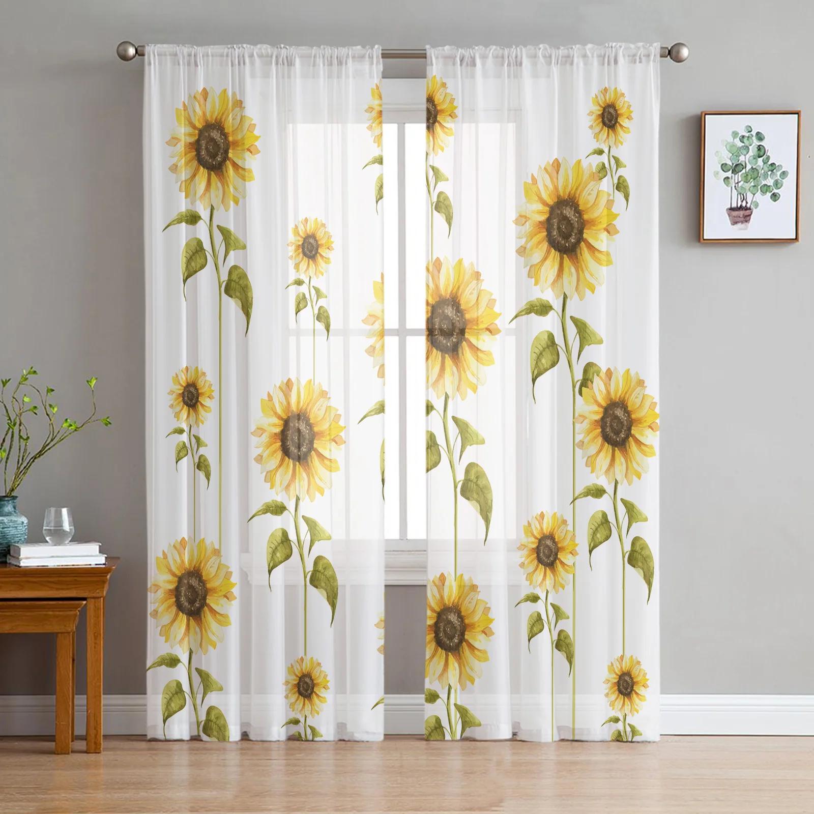 

Watercolor Sunflower White Tulle Curtains For Living Room Kitchen Decoration Chiffon Window Treatments Voile Sheer Curtain