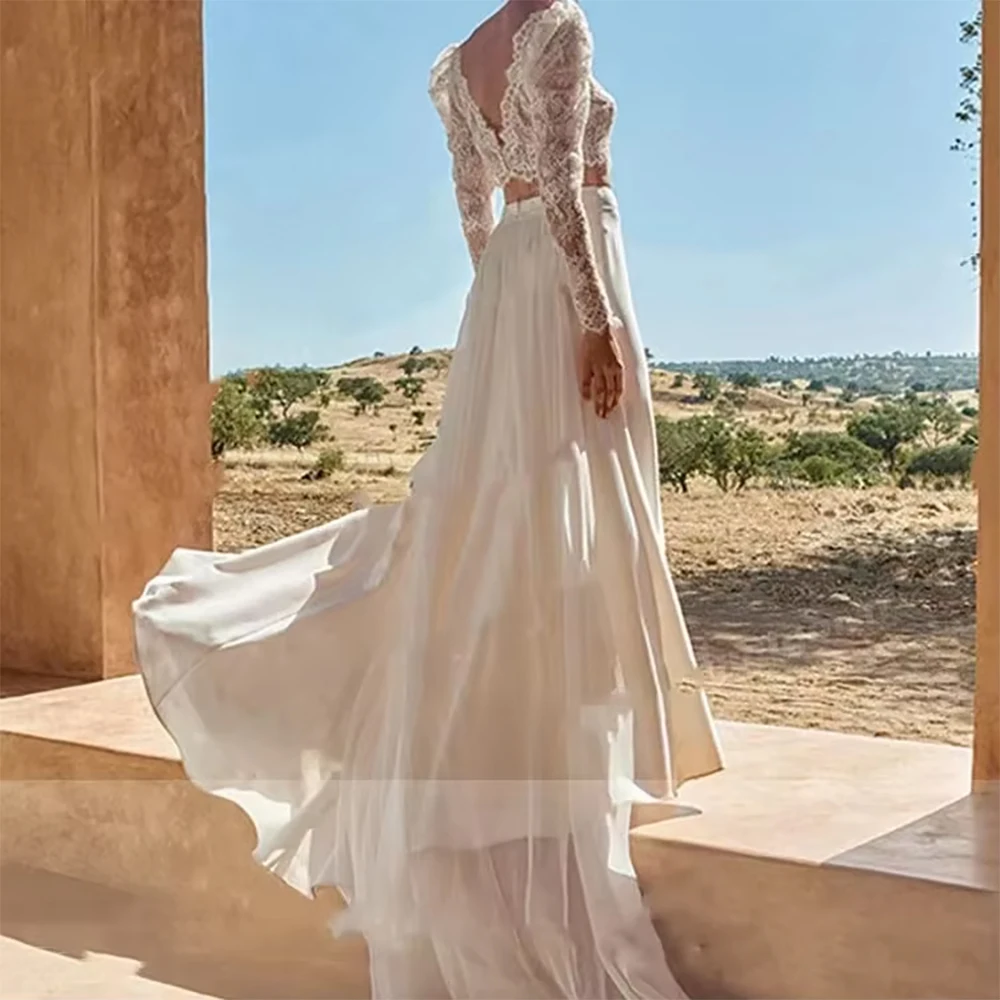 LSYX Customized Boho 2 Pieces Lace Long Puff Sleeves Wedding Dresses High Side Slit O-Neck Backless Sweep Train Illusion 2026 image 2