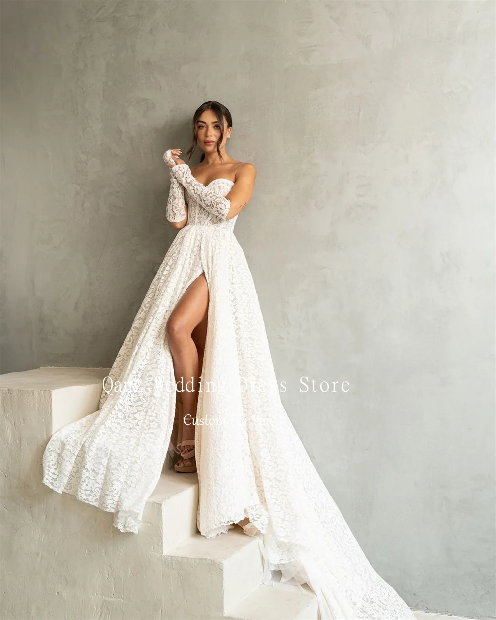 Qanz Elegant Wedding Dress Detachable Sleeves Full Lcae High Slit Court Train Vestidos Novias Boda Long Customized Bridal Gowns