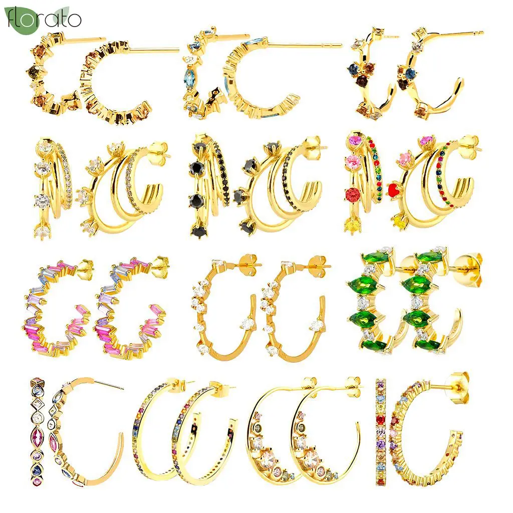

925 Sterling Silver Needle Fashion C Shape Zircon Stud Earrings for Women Vintage Gold Color Round Earrings Luxury Jewelry Gifts