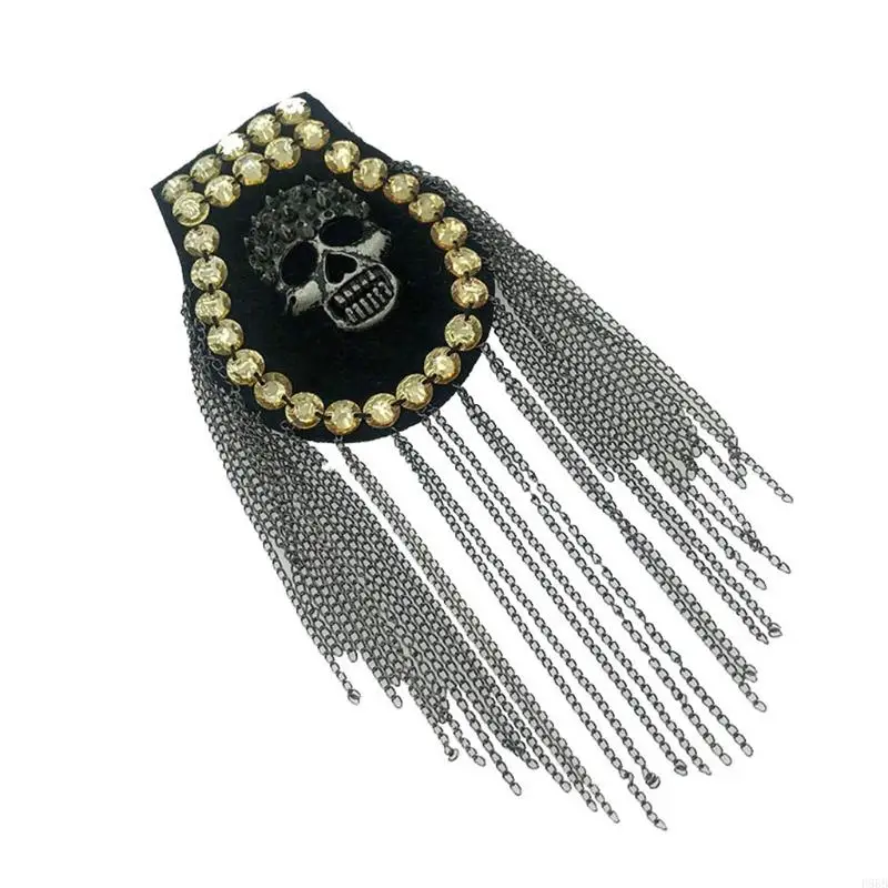 P88B Badges Chain Punk Skull Epaulet Tassel Epaulet for Rhinestone Shoulder Jewelry