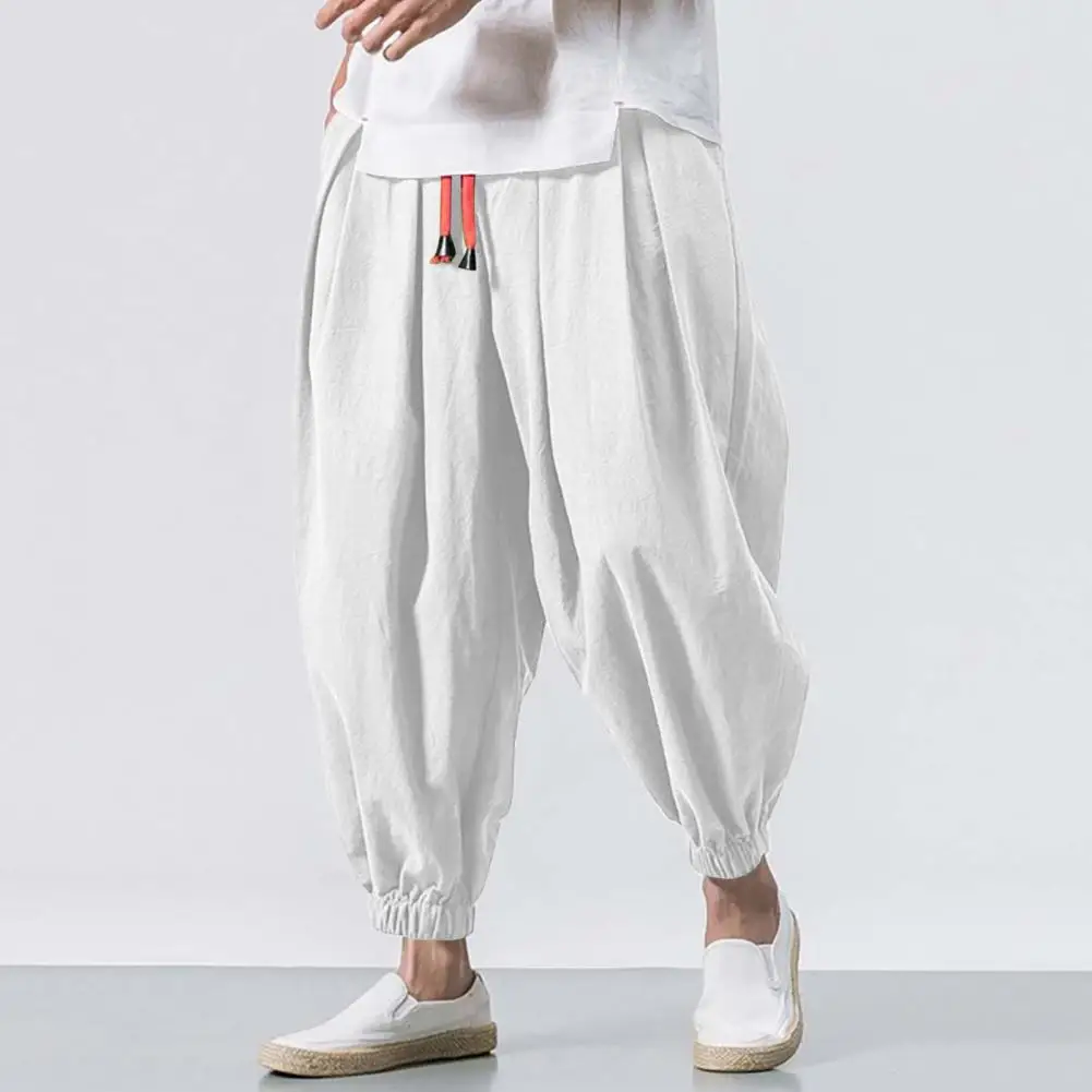 

Men Bloomers Baggy Deep Crotch Loose Drawstring Elastic Waist Plus Size Pockets Ankle-banded Soft Breathable Long Harem Trousers