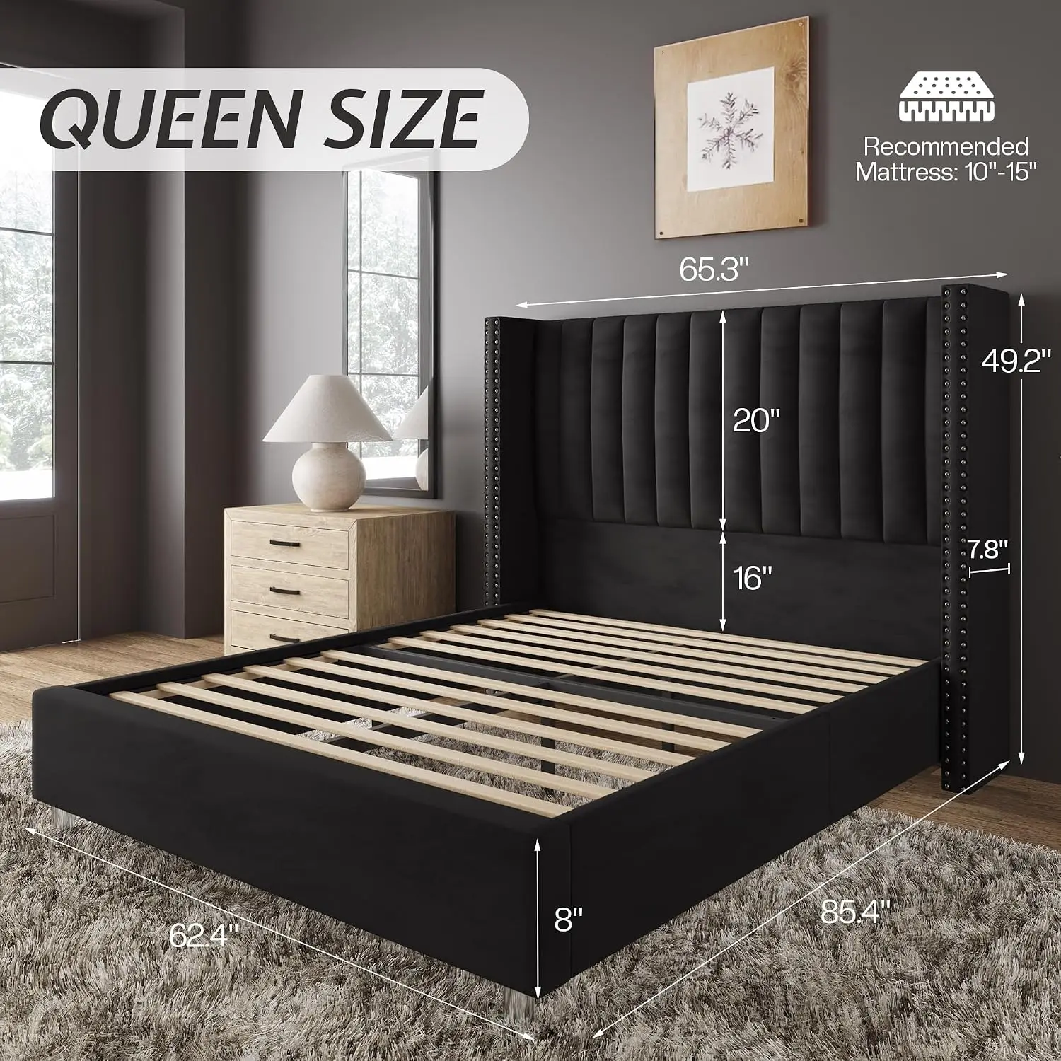 Velvet Wingback Queen Bed Frame, 49.2