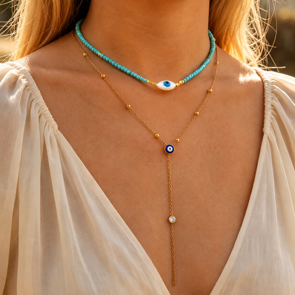 Classic Blue Turkish Evil Eye Amulet Pendant Necklace for Women, Stainless Steel Vintage Charm Necklace, Fashion Jewelry Gift