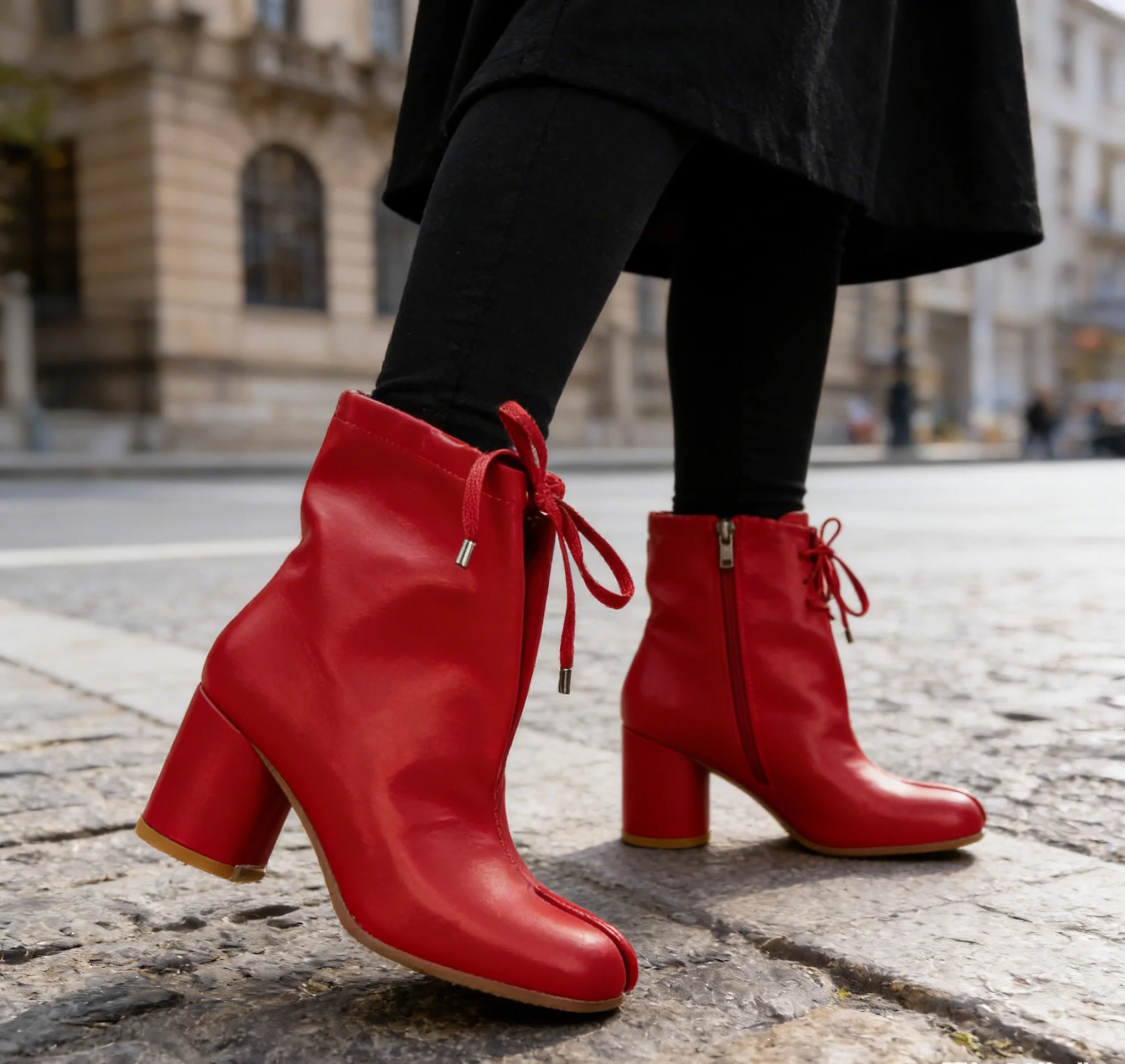 

Зимние женские ботильоны из натуральной кожи на высоком каблуке, дизайнерские, красные, с разрезом на мыске, на шнуровке