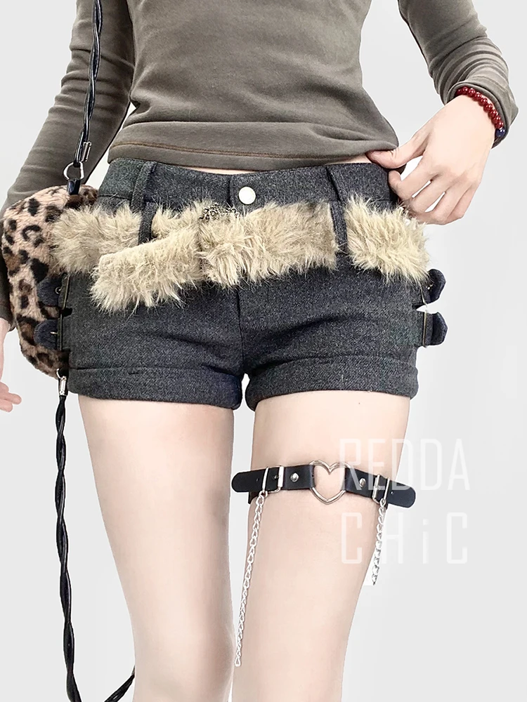 REDDACHiC Winter Tweed Low Waist Shorts for Women Retro Plush Belt Dual-loop Buckle Belt Slim Bootypants Acubi Fashion Bottoms