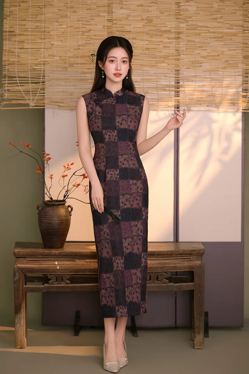 

Китайское винтажное платье-ципао в клетку с цветочным узором, классическое, без рукавов, с воротником-стойкой, элегантная женская одежда