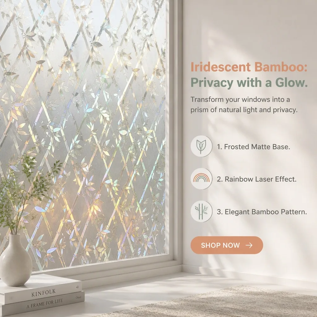 Iridescent Bamboo Privacy Window Film Static Cling Frosted Rainbow Laser Sticker Non-Adhesive for Bathroom Bedroom